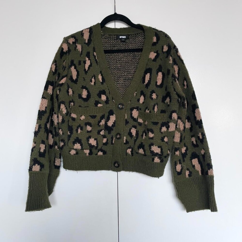 Revolve Apparis | Olive khaki green "Leo" leopard animal knit cardigan | Sz M-L